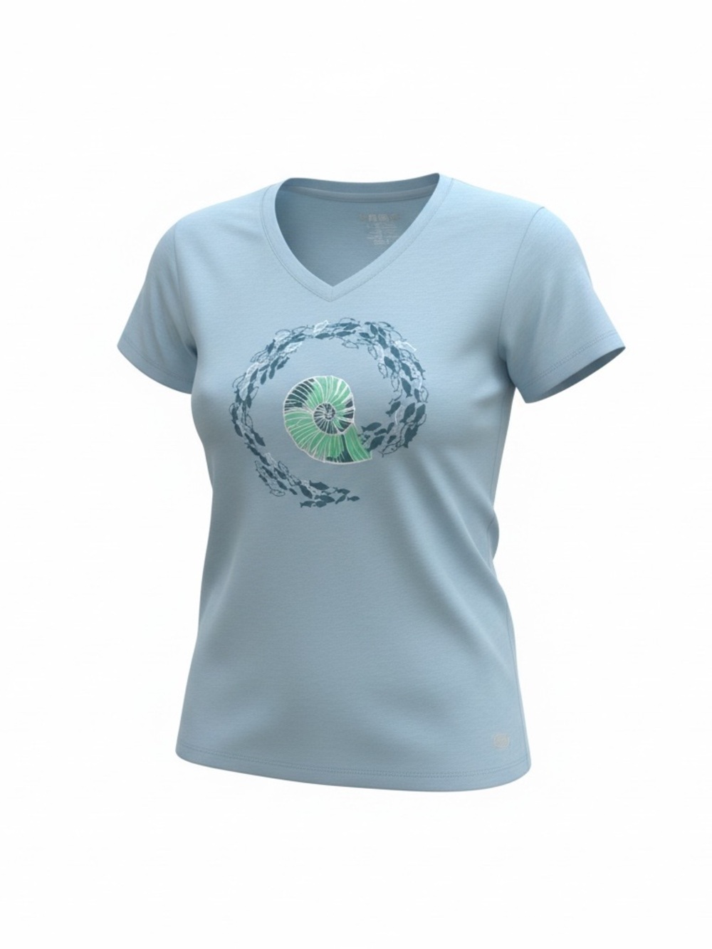 Reel Legends Light Blue V-Neck Tee with Green Nautilus Graphic
